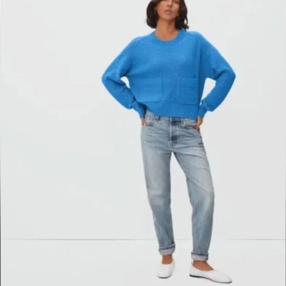 EVERLANE Belgian Waffle Pocket Pullover Sweater Recycled Cashmere Blue, Size L - Picture 2 of 11